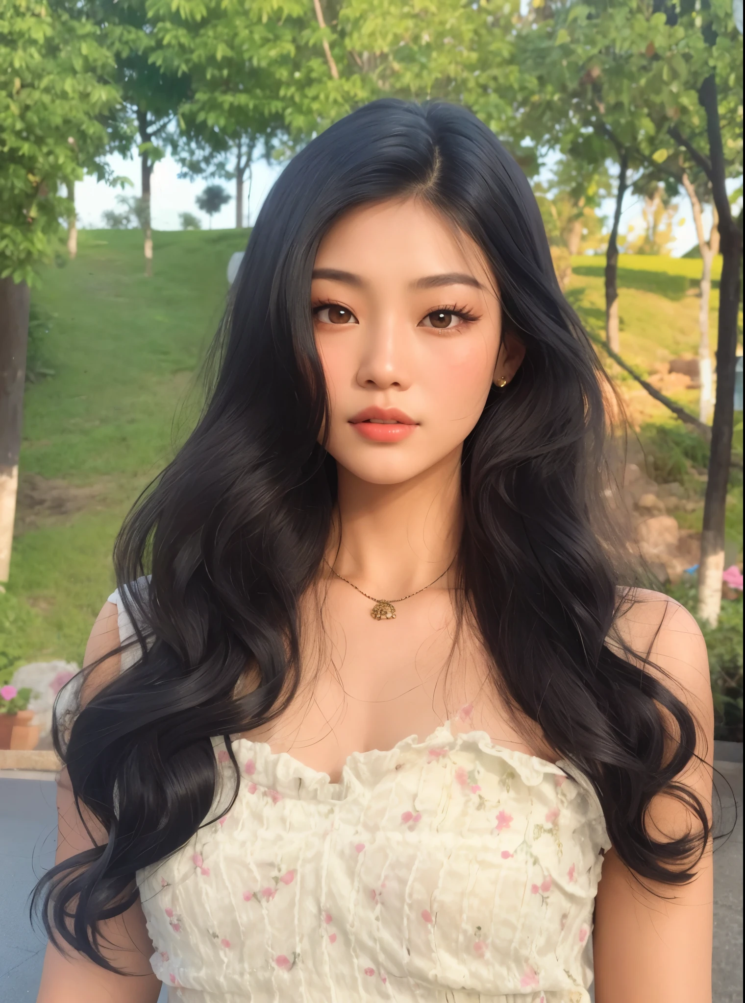 um close up de uma mulher com cabelo comprido usando um vestido, Asian girl with long hair, cabelos pretos longos ondulados, large eyes and flowing long hair, com cabelos longos e olhos penetrantes, asian features, longos cabelos negros ondulados, linda mulher coreana jovem, Beautiful Asian girl, ondulado longo - comprimento cabelo preto, Mulher sul-coreana bonita, cabelos pretos e olhos grandes