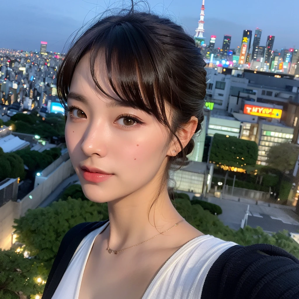 (1girl:1.8),  blush, smile, upturned eyes, (selfie:1.8), (Tokyo city background:1.8), (cute face: 1.8, perfect face:1.3), (half updo:1.4, pale skin:1.5), (from above:1.4), best quality, (pores:1.5, colors, hyperdetailed:1.5, film grain:1.4, hyperrealistic: 1.5), octane render, masterpiece, 8k, wallpaper, hyper-realistic light