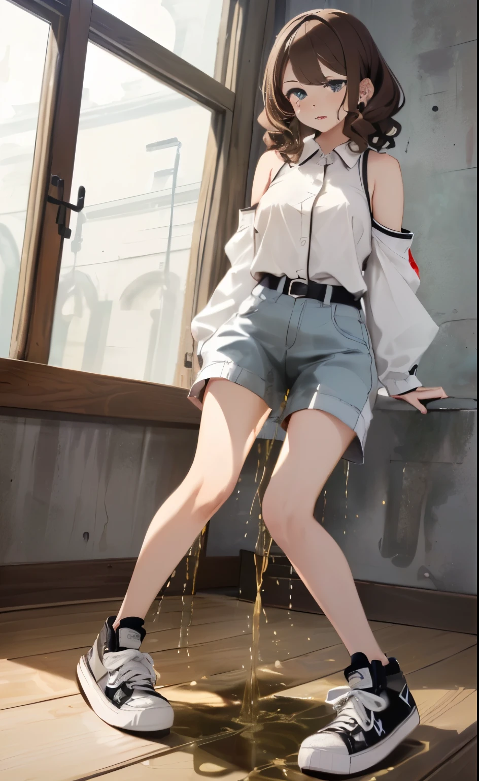 tmasterpiece, The ultimate best quality, extremely detremely detailed CG,, The face is very detailed, highly detail eyes, perfect anatomia, Ultra-delicate skin,
(dynamic angle, dynamicposes:1.figura, legs focus, Full body photo), (pretty face, pretty eyes, pretty legs:1.ermanent, (pee stain;1.8, self-expression:1.8),
20岁女孩,, (Brown hair:1.4), curlies, forehead, eBlue eyes, Be red in the face, worry, with her mouth open, Bigchest (white shirt:1.4), Bare shoulders,, Wide hips, big breasts thin waist, (black sneaker shoes:1.4),Urgency to urinate,incontinence