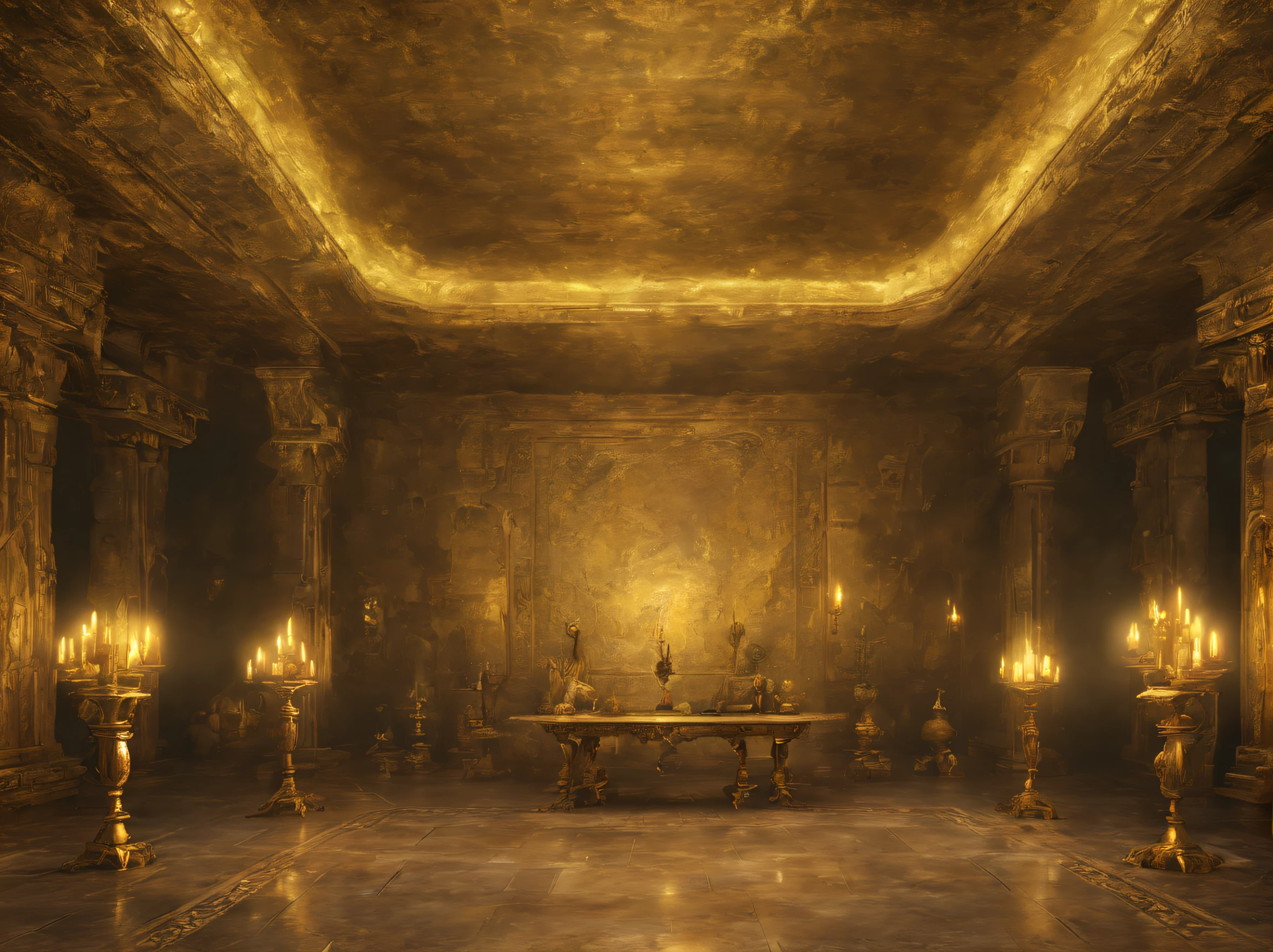 mysterious ancient relic, underground hall, gold wall, gorgeous table, candelabra, 8K, (masutepiece), (Best Quality), (ultra high detail)
