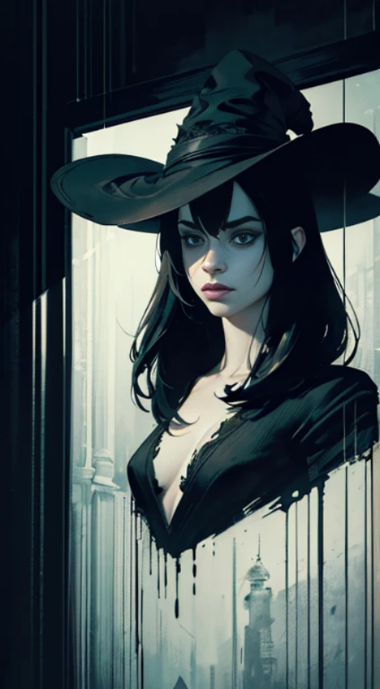 (Original art with ink:1.2),(linear art:1.31),portraitures,krysten ritter, inside, underground room,(Depth),Giant hat,Dramatic,Poster Art,(Hyper Definition),an orange、A black、verdant,(fine lines),Horror aesthetics,composite lighting,creepy,(finely detail:1.3),RAW format,(limited pallete),clean,Convoluted