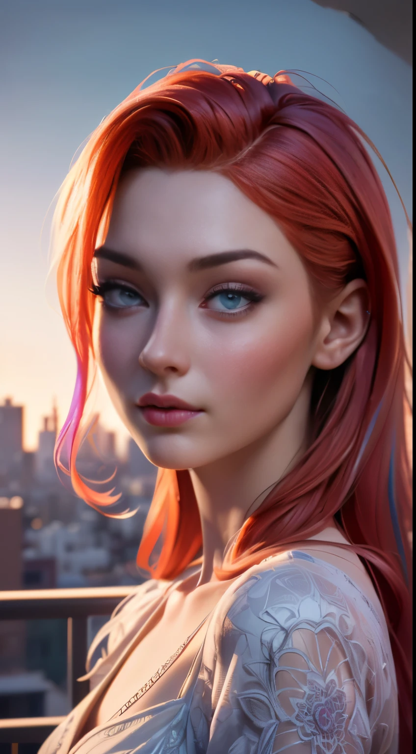 photo of Sophie Turner, RAW, beautiful woman, ((portrait)), ((detailed face:1.2)), ((detailed facial feature, detailed skin, clear skin), (perfect proportioned body), (wearing a colorful dress) (high detailed city environment, apartment balcony), (realistic photo, best quality, detailed), (8k wallpaper), (cinematic lighting, dramatic lighting) (sharp focus, intricate)