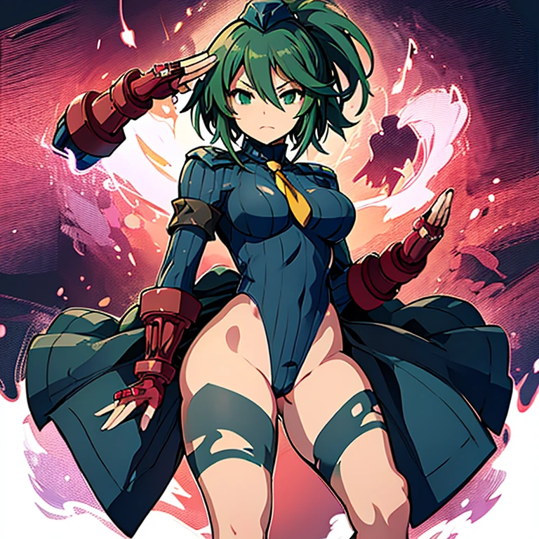 ultra-detailed, Explicit, Beautiful body, Beautiful Nose, Beautiful character design, perfect eyes, perfect face, ultra highres, 4K, beautiful legs, perfect legs, Nice hands, Perfect hand, Masterpiece, Best Quality, Highly detailed, illustration, absurdres, street fighter, doll suit, shadaloo doll, dollsuit, 1girl, solo, expressionless, blank eyes, looking at viewer, red gloves, emotionless, black latex, corrution, mind control, female combatant, full body, hypnotized, unhappy trance, full body suit, ribbed bodysuit, both arms at side, obey, perfect female body, extremely glossy latex, hypnosis, hypnoLora, empty eyes, Mind control device, poses, submissive_pose, Slave, hat, necktie, stand up straight, standing, standing at attention, hat, necktie, belt, latex, ribbed bodysuit, thighhighs, garter belt, Fighting Stance, extending the right arm from the shoulder into the air with a straightened hand, nazi saluting, military, military saluting, salute, thigh boots, Perfect anatomy, perfect hand, perfect finger, Yu-Gi-Oh!, Winda Priestess of Gusto, green eyes, green hair, ponytail