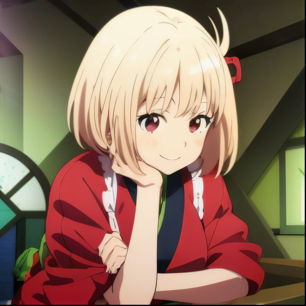 Anime girl with blonde hair and red jacket sitting at table, Anime visuals of cute girls, chihiro! fujisaki, shikamimi, anime portrait of shiina ringo, ( ( ( yoshinari yoh ) ) ), in the anime film, anime visual of a young woman, senko-san, Still from TV anime, Anime Best Girl, (A smile:1.3)