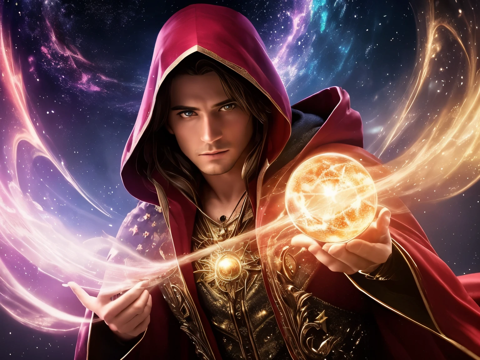 (best quality,8k ultra-detailed,cinematic shot,masterpiece:1.3,sharp focus:1.5,photorealistic:1.3),portrait, cloaked magician holding portion bottle,colorful fantasy background,sparkling stars,floating magical particles,vibrant red cloak,ancient grimoire,glowing runes,mesmerizing gaze,smoke swirling around the bottle,ethereal lighting,mystery and enchantment.