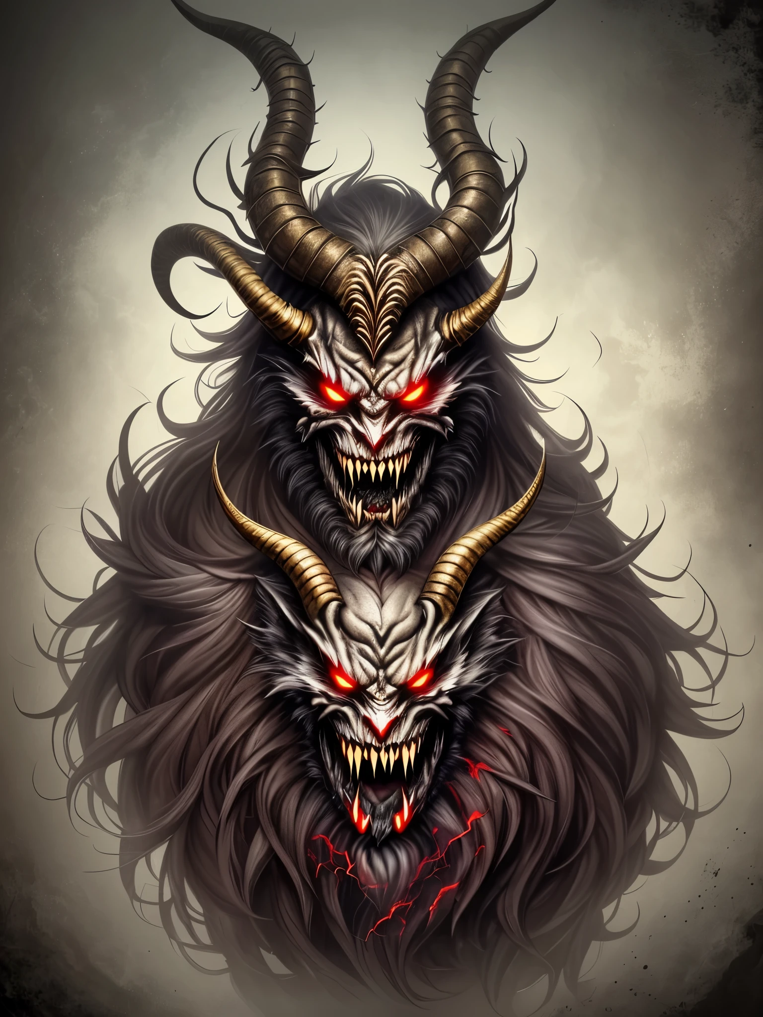 A ghastly Krampus with long, shaggy hair that swirls wildly around his terrifying face. His eyes glow a menacing red, while sharp teeth protrude from his terrifying mouth. Claw-like hands with sinister, curved claws give it a menacing presence. Its body is covered in thorny spikes and a sinister cloak of black mist envelops its eerie appearance. --auto --s2