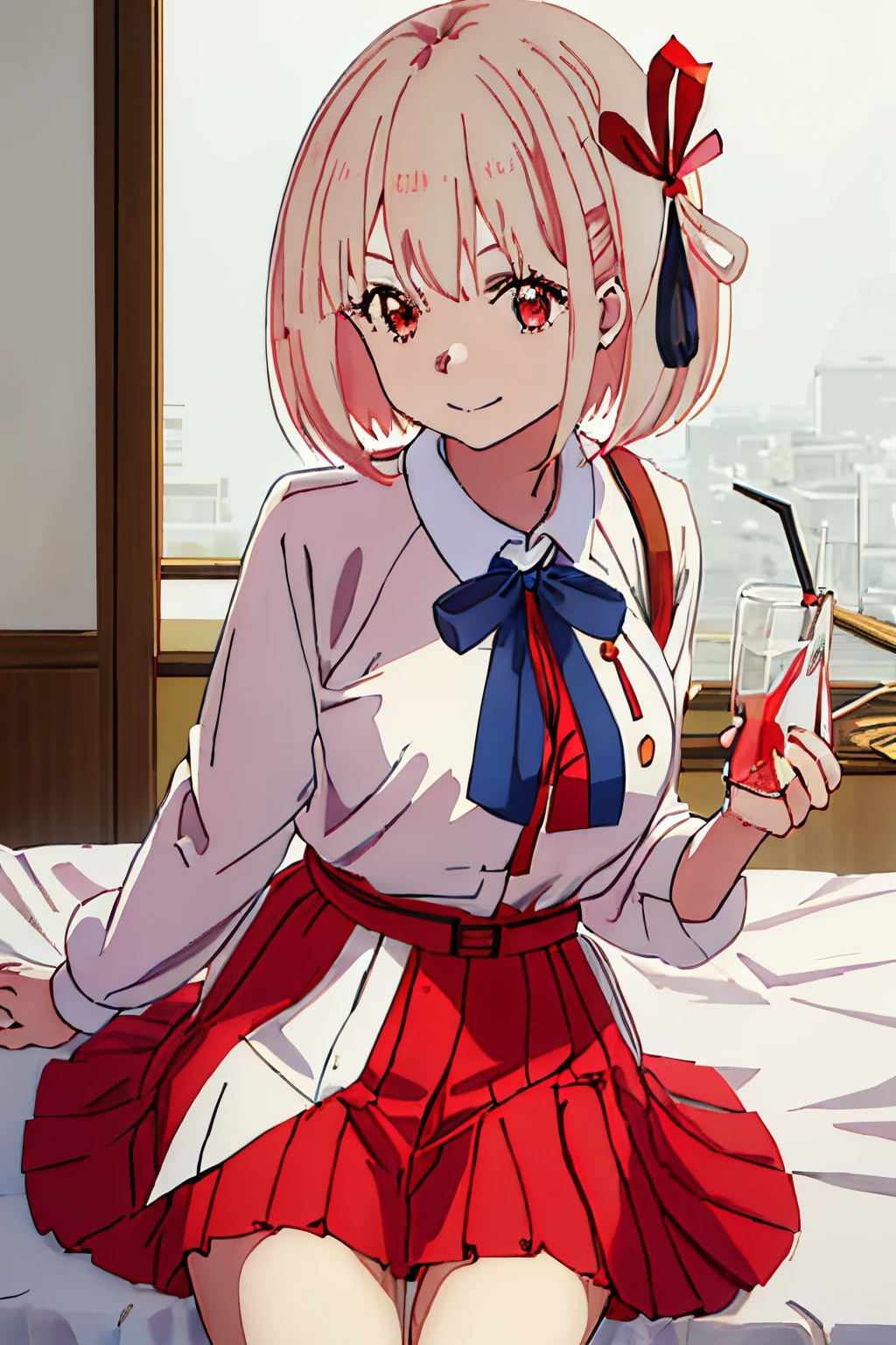 Best Quality, masutepiece, hight resolution, Solo, {nishikigi_Chisato_lycoris反動:1.15}, Short_hair, Bangs, Blonde_hair, Red_Eyes, bow ribbon, hair_bow ribbon, Red_bow ribbon, bobhair_cut, Closed_Mouth, Neck_bow ribbon, Blue_bow ribbon, 1girl in, Collared_Shirt, lycoris_uniform, Shirt, Smile, up looking_で_viewer, white_Shirt