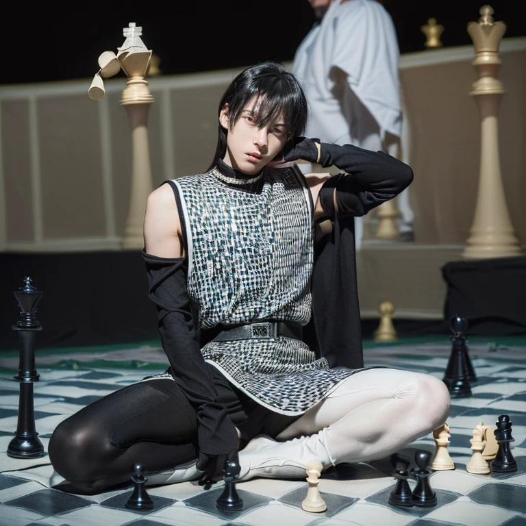 (depraved homosexual male, looking at viewer, empty background, human chess, black king is checkmated and will be castrated, beautiful eyes, male ballet tights, male crotch bulge, buttocks:1.5)