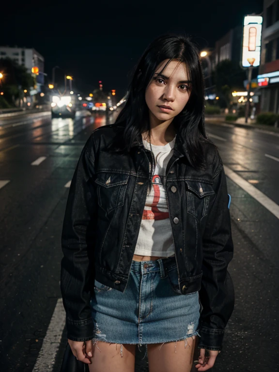 girl with sad look, black hair, wearing levis jacket, standing in the middle of a busy highway at night, ultra detail, hdr photography