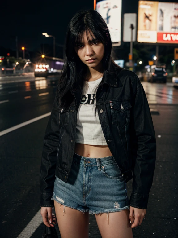 girl with sad look, black hair, wearing levis jacket, standing in the middle of a busy highway at night, ultra detail, hdr photography