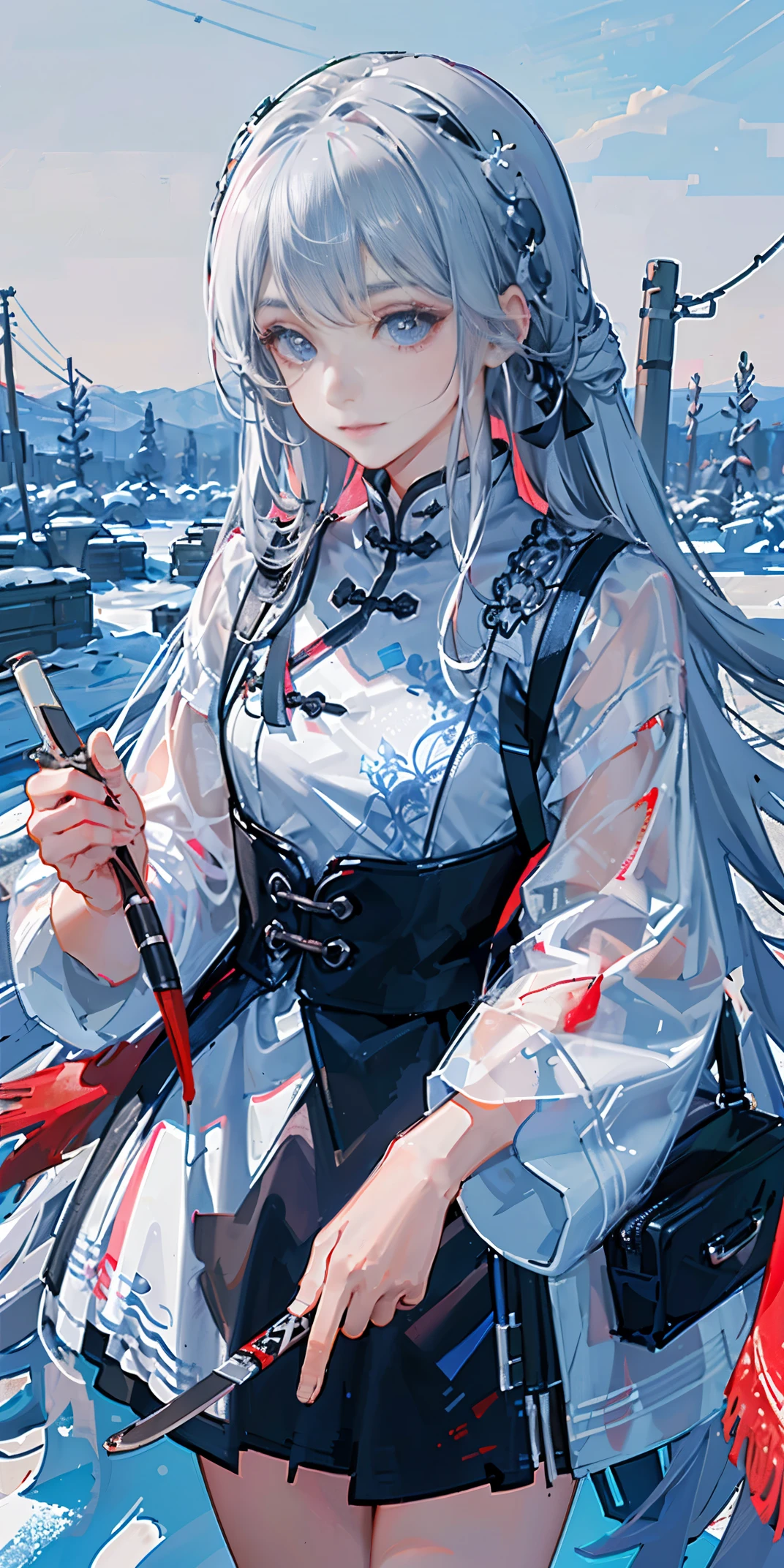tmasterpiece, Best quality at best, the night, Outdoor activities, Sateeny days, branch, Chinese, Ancient China, 1人の女性, Mature woman, Silver white long haired woman, grey blue eyes, light pink lips, Cold, Serious, Weak, By bangs, assassins, short knife, white clothes, Black clothing pattern, bloods stains, bloods, wounded, bloods on the face, bloods on the clothes, Sateen, delicated face, delicated face,