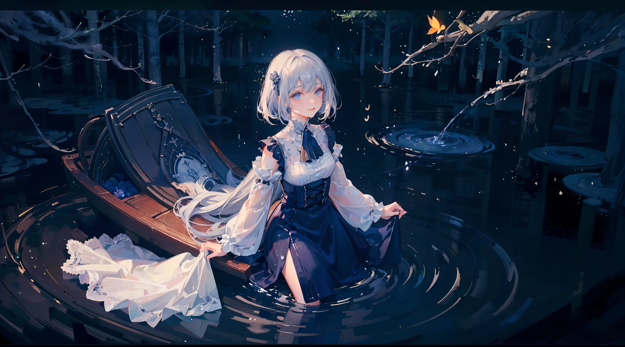 Dreamy and beautiful moonlight in the dark forest。View of a -yeld gifrom above。(wet silver bob hair)。A slight smil。I only wear a long sheer white fabric with beautiful lace trim。Soak the cloth in water。(splashing in the dark forest lake at night)。(Hair or clothes are wet)。splash。Wet strands of hair。Fireflies with water drops floating in the air、Light also reflects from water。Near Lalit Effect and Far Lalit Effect。Dynamic composition with depth。Extremely quality、High level of image quality、The painting is extremely delicate。Rare workmanship