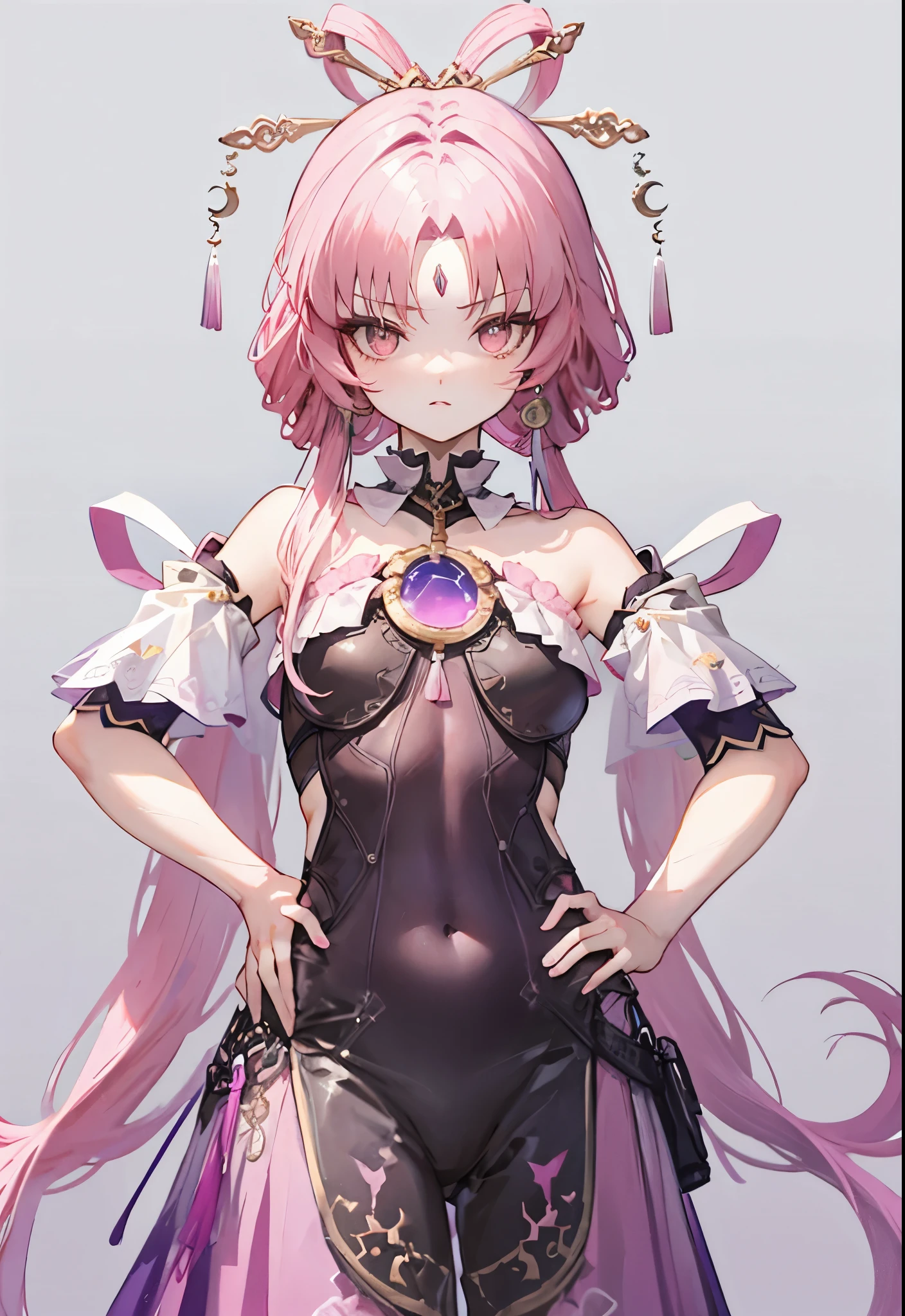 Shoulder out,flank,small tits,Pink hair,Long,stylish,Hands on the hips