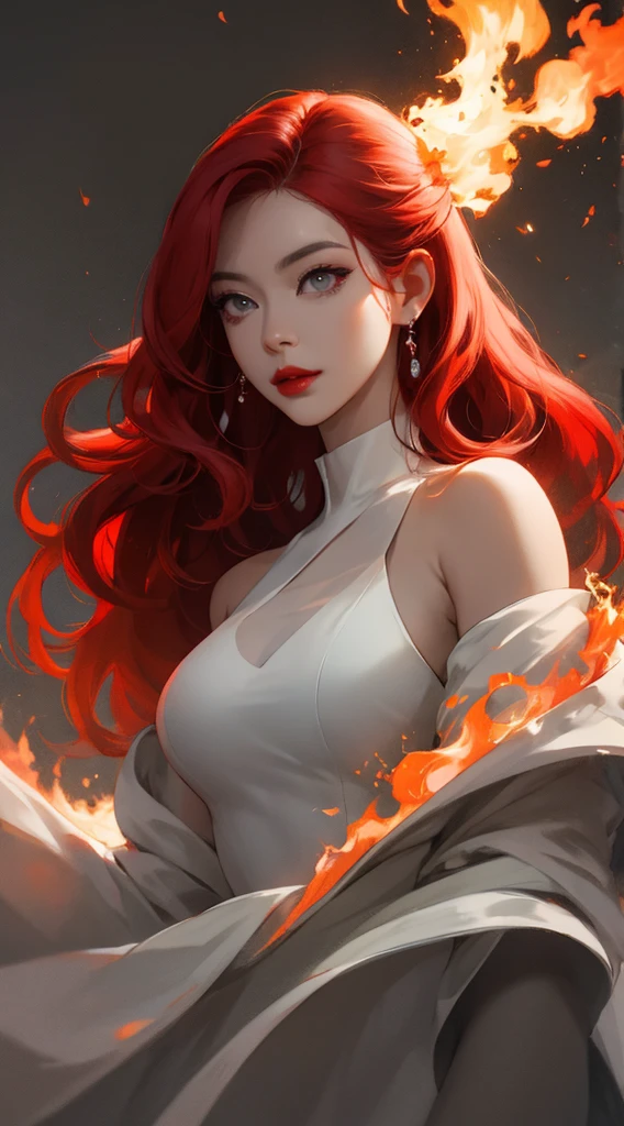 1个Giant Breast Girl，Bright red wavy curlow hair ornament，Redlip，white skinned，Single Eyelids，Delicate facial features，grey dress，火焰，on fire，brightly colored，clear skierightly，high detal，high qulity，Good atmosphere，delicated，cg render，detail render，（Delicate facial portrayal）（Fine hair portrayal）（highest  quality）（Master masterpieces）（High degree of completion）（a sense of atmosphere）（half-body portrait）