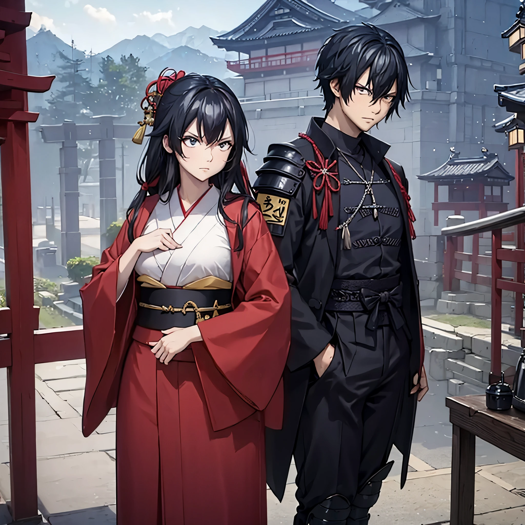 a man wearing heavy samurai armor next to a woman in a red kimono in a traditional Japanese castle