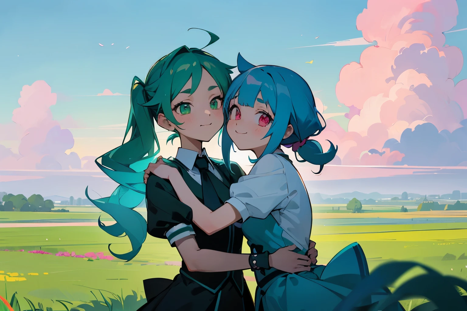 ((colourful, As detailed as possible, tmasterpiece)), Girl with turquoise hair hugging second girl with blue hair, Cuddling, cuddling, happiness, Two girlfriends, Two girls, 2 d anime style, flat anime style, in anime style, the anime, anime stylized, glass hair, Glowing Hair, portraite of a, Black Uniform, Strict costume, black necktie, white  shirt, puffy short sleeves, Shorts, Smile, puffy short sleeves, Puffy armbands, Shirt, short sleeve, Lush eyelashes, The first girl with a high blue tail to her shoulders and a calm face, beatiful face, multi-colored hair, Hair gradient, hair color: Blue, Blue hair, синий high ponytail, (without bangs), curly curl on the cheek, hairstyle: high ponytail, long tail, pink eyes, :3, Short eyebrows,,,, The second girl with two long green pigtails and a happy face, wide eyes, turquoise hair, Turquoise textured hair, Green eyes, (turquoise two pigtails), light background, dawning, Pink clouds, natural light, vivid picture, Additional lighting, cloudy skies, Bright green field, Green grass with flowers, Multi-colored space, Beautiful sky, Bright sun, Sundown, the anime «Страна блеска», still from anime