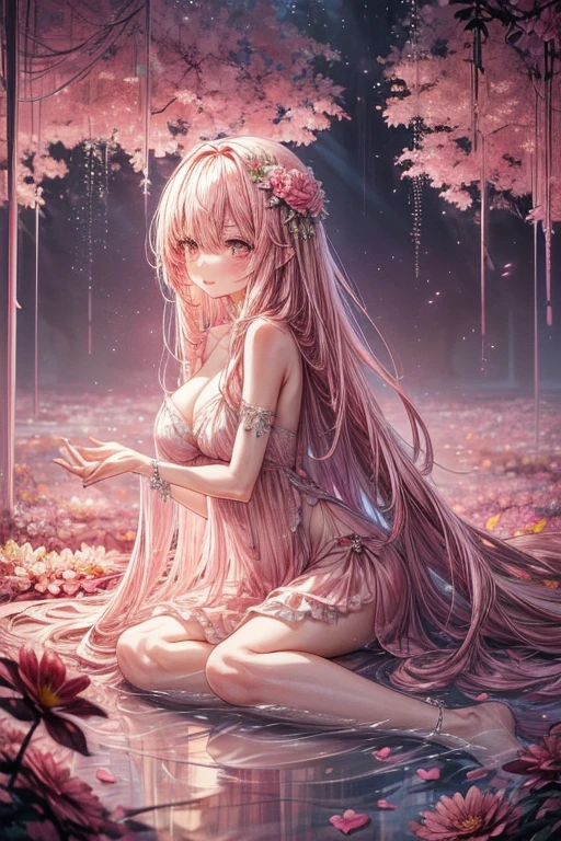 pink space with pink candles and pink flowers and pink candles、beautiful pink atmosphere, Beautiful pink flowers and pink crystals, Gorgeous pink setting, luxury pink wedding, very magical and dreamy, Centerpiece, The setting of a fairy tale:, Beautiful pink atmosphere,pink flower decoration, Dramatic and beautiful pink lighting, dramatic theme, Heavenly dramatic pink lighting, Richly decorated, pink chandelier, Gorgeous atmosphere, romantic theme、,Single Side Rock Hairpin Blush Modern Cinematic Lighting,Ray tracing,Drop Shadow Wide Shot UHD,Textured skin,高いdetaileds,Top quality 4K、best qualtiy,tmasterpiece,超A high resolution,(真实感:1.4),RAW photogr,冷たいPink light,1girll,(slim,Sexy Big),ssmile,long pink hair,hair adornments,(Slender Leg,cross leg), (pink lace lingerie,Transparent pink lingerie),beautiful goddess,detailedsなシーン, painting-like, beautiful goddess,detailedsなシーン, beautiful digital illustrations, detaileds,超detaileds, cinematic quality, (Beautiful and beautiful breasts are beautiful)((((A pink lake and a large amount of pink flowers々))))、Pink light、pink colored lights