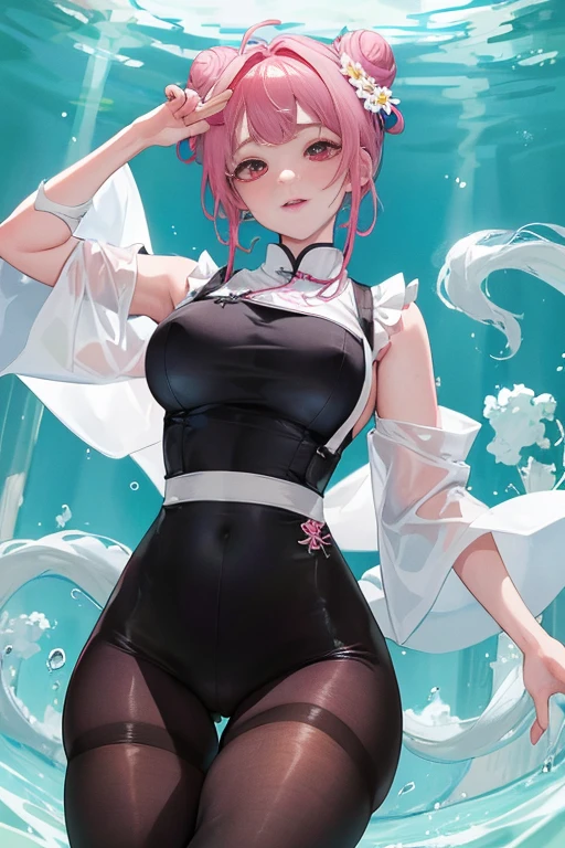tmasterpiece、Need、1female、Blue cheongsam,Ancient style China、 White cloth bun bun bun、Shoulder leakage、The chest is large、chubbiness、ssmile、Black suspender tights、lace leggings、pale pink lip、hot springs,Pose in the water,(drenched all over the body),legs are open, 独奏, White polo shirt, looking at viewert, A high resolution,(Thigh thick:1.0),,ultra - detailed,tmasterpiece,Best quality at best,Yazawa Nico,red eyes, face flushed,Blunt hair,both hands on hip,greet,Flower headdreslack suspender tights,dance