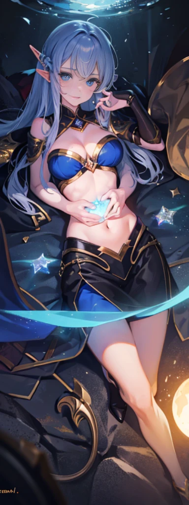 the hair，Nice face，blue bikini armor，Heterochromatic pupil，fully body photo，half moon，under moonlight，(tmasterpiece:1.1),(Best quality:1.1),(HighDynamicRange:1),ambient light,Super girl, mystical elf, looking into crystal ball, holding mysteries, showing a microcosm space, stars, unique, huge breasts, cleavage, candlelight, dark background, atmosphere of mystery, smoke, subtle multicolored lighting,