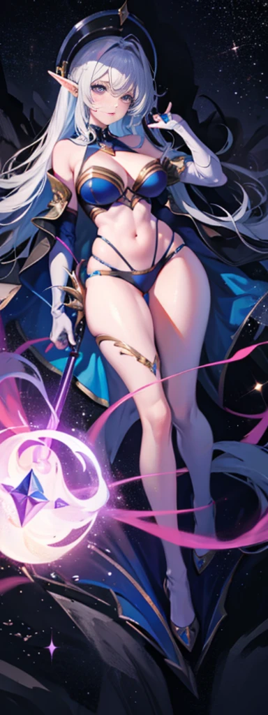 the hair,Nice face,blue bikini armor,Heterochromatic pupil,fully body photo,half moon,under moonlight,(tmasterpiece:1.1),(Best quality:1.1),(HighDynamicRange:1),ambient light,Super girl, mystical elf, looking into crystal ball, holding mysteries, showing a microcosm space, stars, unique, huge breasts, cleavage, candlelight, dark background, atmosphere of mystery, smoke, subtle multicolored lighting,