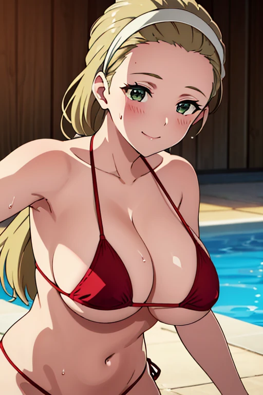 (masterpiece, top-quality, detaile, hight resolution, extremely delicate and beautiful, anime screen cap, anime colours, 8k, photorealistic), (red Micro Bikini:1.5), (huge drooping breasts:1.5, cleavage:1.5), (from front:1.5), akebi sasaki, hairband, 1girl, (), dark green eyes, smile, blush, ((bent over:1.5, Upper body:1.5, breasts forcus)), ((perfect detailed anatomy, Beautiful details eyes,&hair,  beautiful face, beautiful detailed breast&body, Shiny skin)), in poolside, Sweat,
