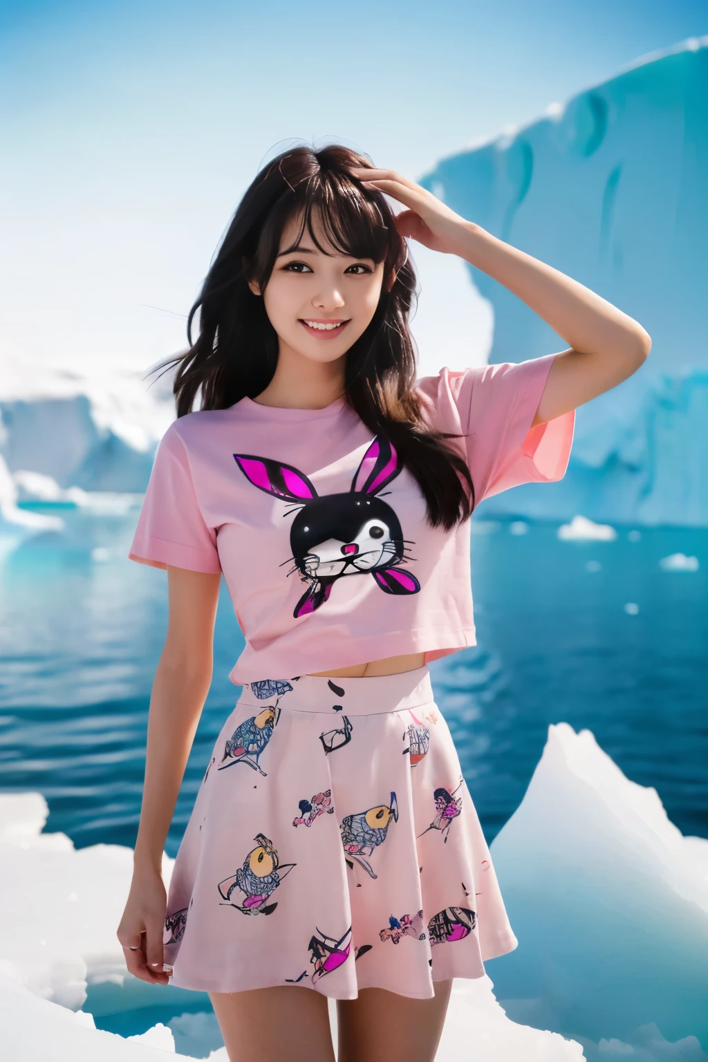 ((masutepiece:1.4, Best Quality)), (photos realistic:1.4), ((1girl in)), ((20yr old)), (Ultra High Resolution:1.2), Extremely delicate and beautiful, amazing, the Extremely Detailed CG Unity 8K Wallpapers, Ultra-detailed, High resolution, Soft light, Beautiful detailed girl, extremely detailed eye and face, beautiful detailed nose, Beautiful detailed eyes, (Wearing a shocking pink T-shirt、Print a Sanrio-style rabbit illustration:1.5), (Pink skirt:1.3), ((thighs thighs thighs thighs)), Lustrous black hair, Cinematic lighting, Perfect Anatomy, Slender body, (Standing in front of an iceberg in Antarctica at night:1.3), (Aurora Borealis in the Night Sky:1.3), Cute poses, Cowboy Shot, laugh very loud