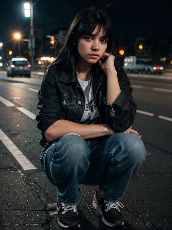 girl with sad look, black hair, wearing levis jacket, squat in the middle of a busy highway at night, ultra detail, hdr photography