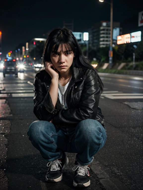 girl with sad look, black hair, wearing levis jacket, squat in the middle of a busy highway at night, ultra detail, hdr photography