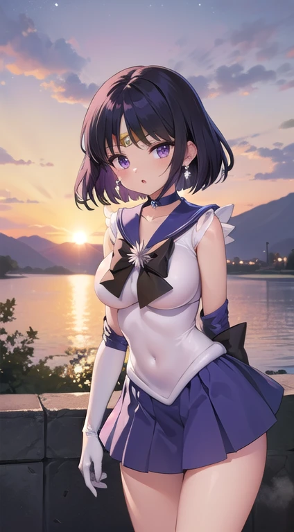 (masterpiece:1.2, best quality:1.2), (Shiratama:1.2), R15, highres, (realistic:0.25), (extremely detailed), (intricate), (beautiful dentaled glow:1.2), sunset, gradient sky, space, cinematic lighting, (pixiv), 1girl, (8k, HD, portrait, cowboy shot, portrait, anime, 4k, novel illumination, soft outline, (perfect quality:1.2), bangs
BREAK (tomoe hotaru, sailor saturn), purple eyes, purple hair, short hair,
BREAK back bow, purple bow, purple choker, purple sailor collar, purple skirt, bow, choker, earring, tiara, elbow gloves, jewelry, magical girl, large breast, collarbone, (white leotard), miniskirt, sailor collar, sailor senshi uniform, boots, (sleeveless), ((see-through)), (skindentation:1.2), (steaming body:1.2), (heavy breathing:1.2), (bare shoulders, bare hip, thighs, covered navel)
BREAK (perfect anomary, perfect hand), (perfect cute face:1.4), (perfect clothes, perfect body), night, (sky:1.2), (:o, (in front), outdoor, energy, NFSW)