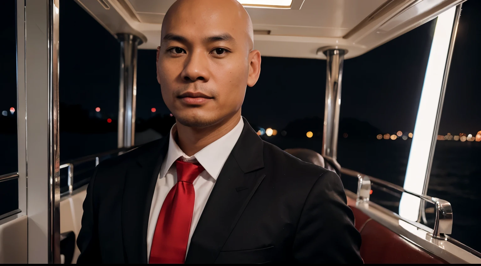 Vietnamese male, 35 years old, 1m45 tall, weighs 45kg, black jacket, red tie, bald head, yacht, nightlife,