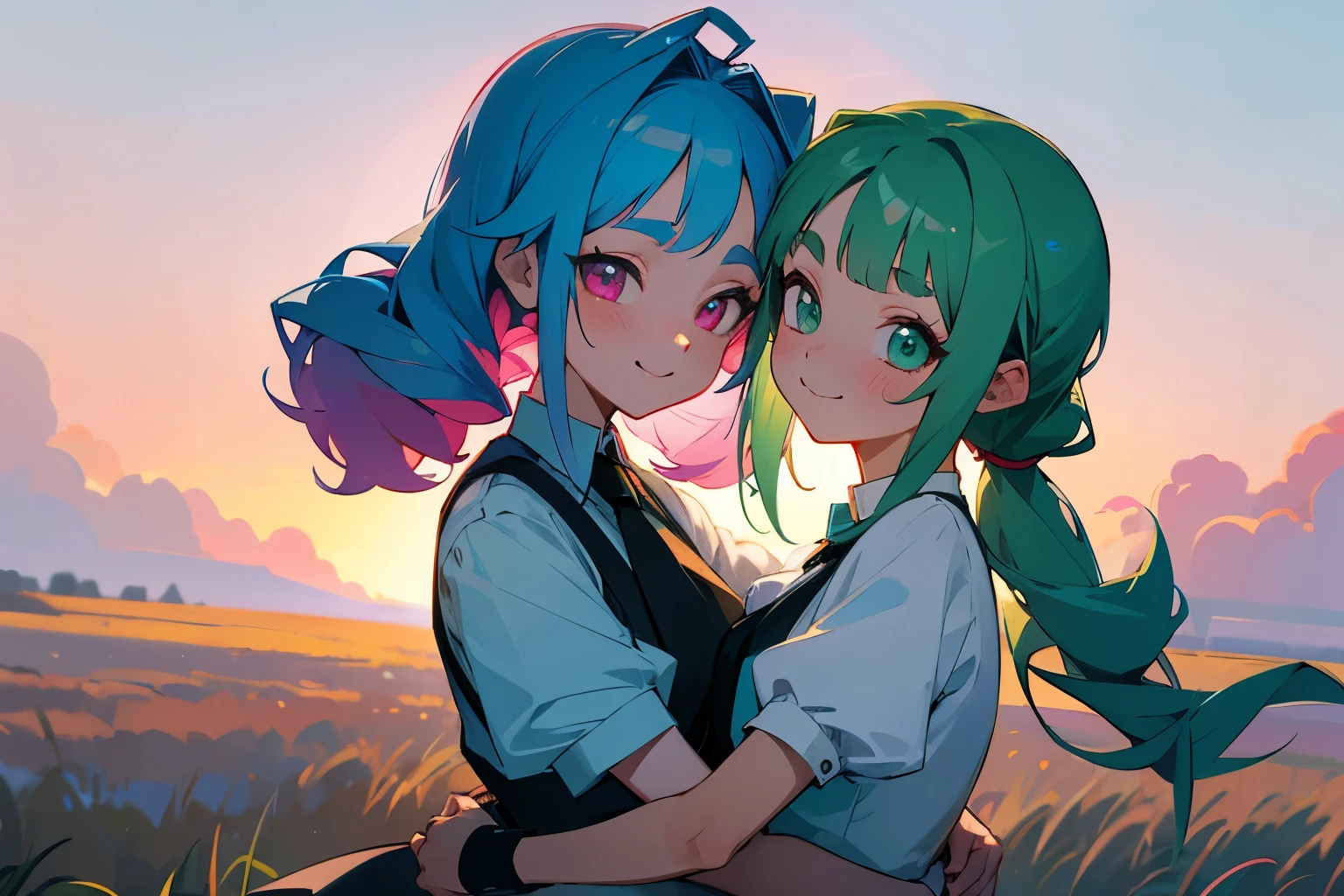 ((colourful, As detailed as possible, tmasterpiece)), Girl with turquoise hair hugging second girl with blue hair, Cuddling, cuddling, happiness, Two girlfriends, Two girls, 2 d anime style, flat anime style, in anime style, the anime, anime stylized, glass hair, Glowing Hair, portraite of a, Black Uniform, Strict costume, black necktie, white  shirt, puffy short sleeves, Shorts, Smile, puffy short sleeves, Puffy armbands, Shirt, short sleeve, Lush eyelashes, The first girl with a high blue tail to her shoulders and a calm face, beatiful face, multi-colored hair, Hair gradient, hair color: Blue, Blue hair, синий high ponytail, (without bangs), curly curl on the cheek, hairstyle: high ponytail, long tail, pink eyes, :3, Short eyebrows,,,, The second girl with two long green pigtails and a happy face, wide eyes, turquoise hair, Turquoise textured hair, Green eyes, (turquoise two pigtails), light background, dawning, Pink clouds, natural light, vivid picture, Additional lighting, cloudy skies, Bright green field, Green grass with flowers, Multi-colored space, Beautiful sky, Bright sun, Sundown, the anime «Страна блеска», still from anime