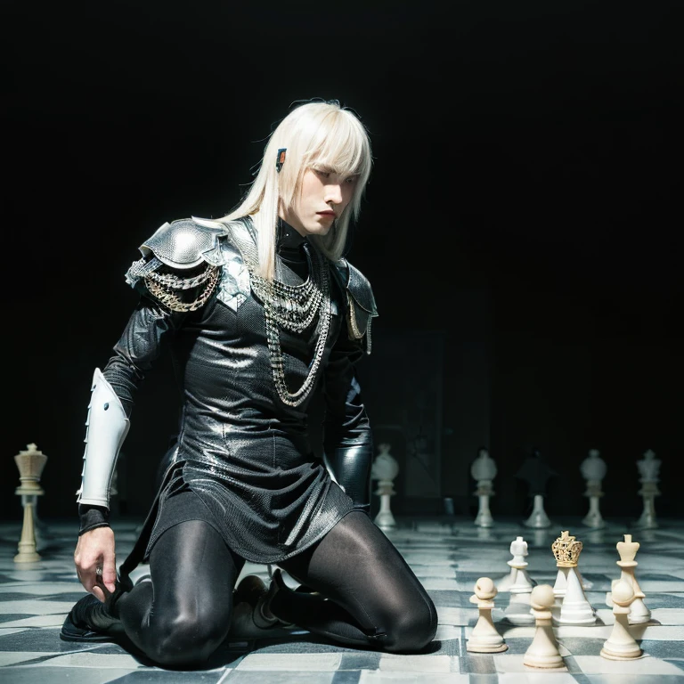 (2 males, empty background, chessboard floor, human chess, black pawn kills white king, males in tights representing their respective chesspieces:1.5)