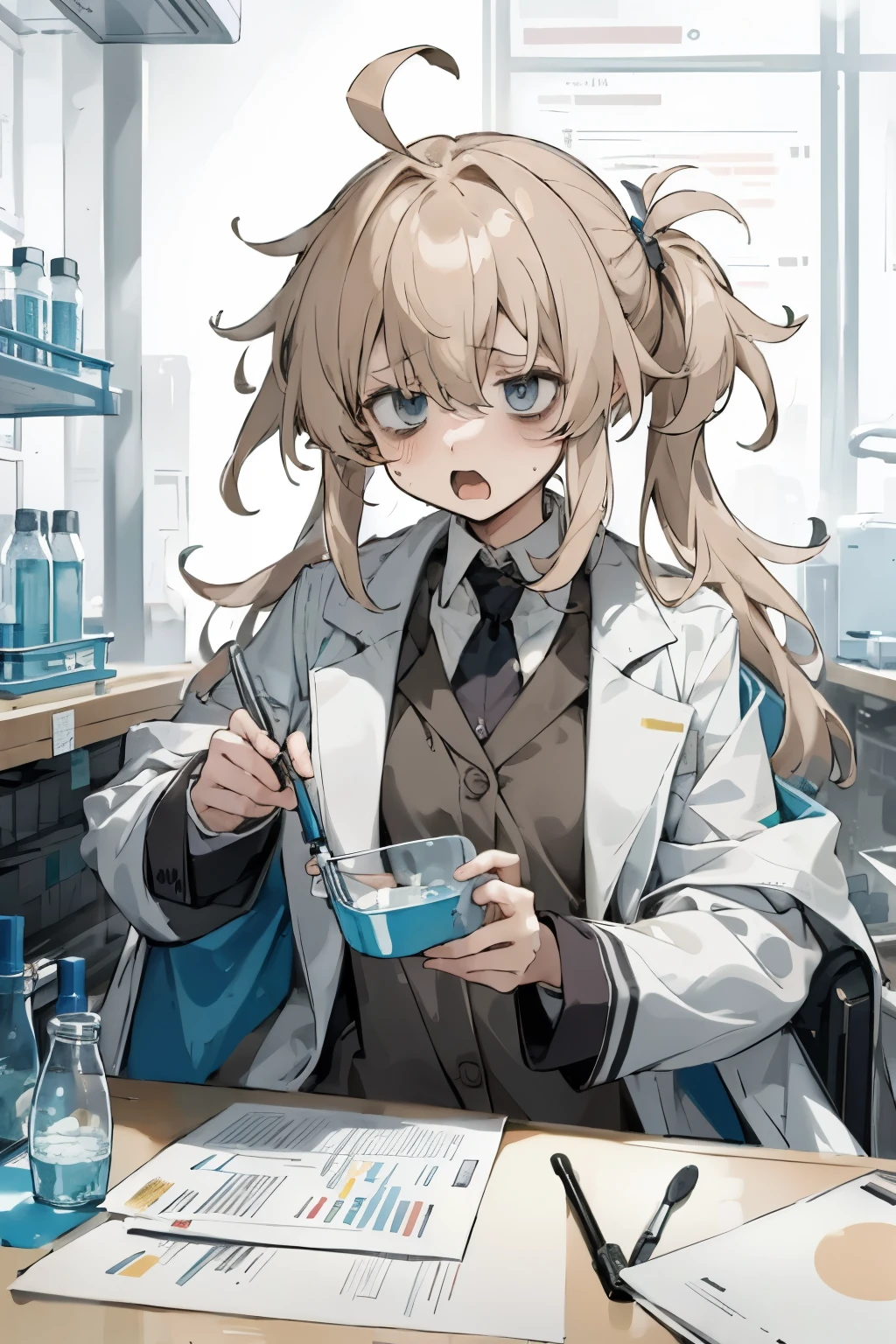 (Masterpiece, Best Quality) Long shot, Detailed, 1girl, labcoat, messy hair, ahoge ,disheveled hair, Laboratory Directory, Tired eyes, yawning, sitting, dim surround light