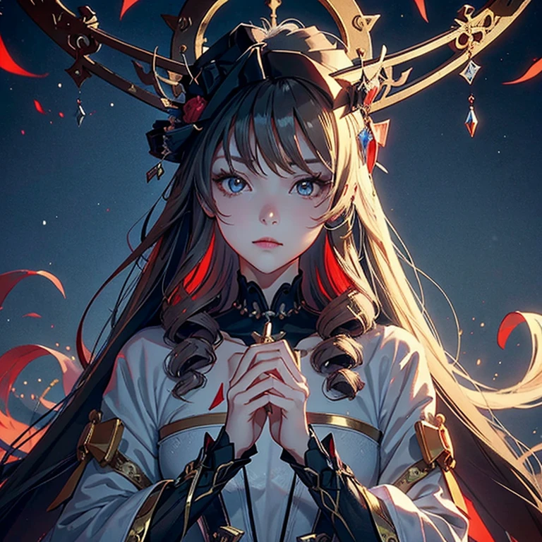 Cross Accessories、gazing at viewer、have a cross、wearing a white robe、Red Eyes、Wearing a red aura、Holding a cross、Fantasticalな背景、Pretty Woman、Best image、masterpiece、Fantastical、