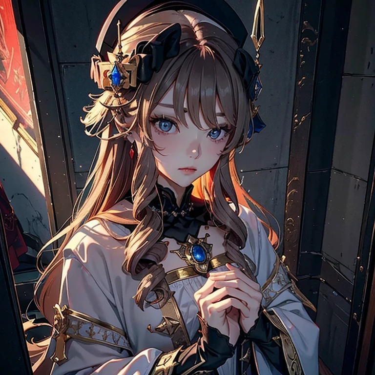Cross Accessories、gazing at viewer、have a cross、wearing a white robe、Red Eyes、Wearing a red aura、Holding a cross、Fantasticalな背景、Pretty Woman、Best image、masterpiece、Fantastical、