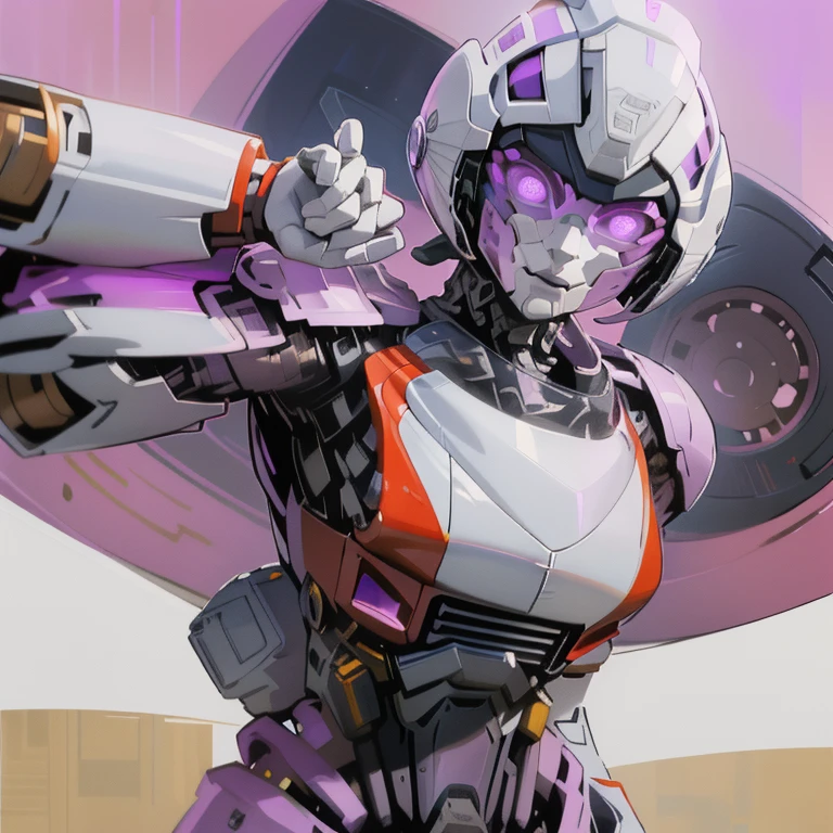 (Super elaborate CG Unity 8K, masterpiece, highest quality): (Dynamic Angle, Solo, 1 beautiful Girl, white and purple cyborg armor in the style of police uniform, (((white helmet with purple face plate))), purple mask, transformers,