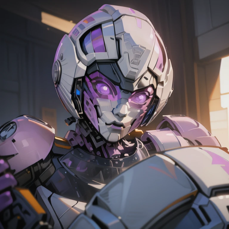 (Super elaborate CG Unity 8K, masterpiece, highest quality): (Dynamic Angle, Solo, 1 beautiful Girl, white and purple cyborg armor in the style of police uniform, (((white helmet with purple face plate))), purple mask, transformers,