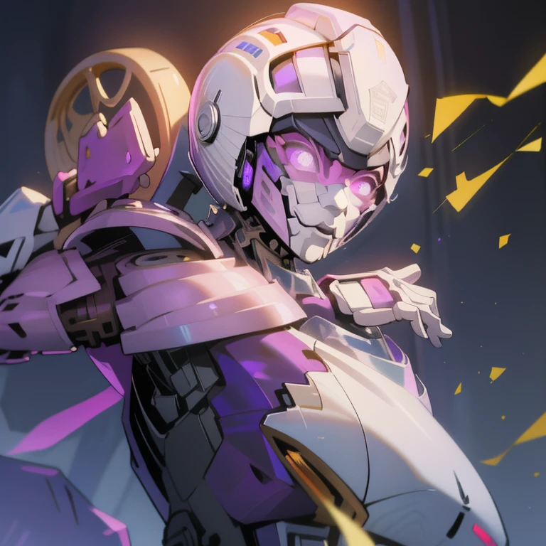 (Super elaborate CG Unity 8K, masterpiece, highest quality): (Dynamic Angle, Solo, 1 beautiful Girl, white and purple cyborg armor in the style of police uniform, (((white helmet with purple face plate))), purple mask, transformers,