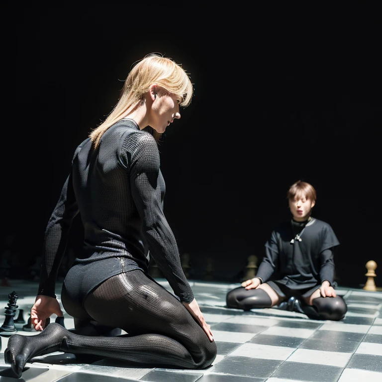(2 males, empty background, chessboard floor, human chess, black pawn kills white king, males in tights representing their respective chesspieces:1.5)