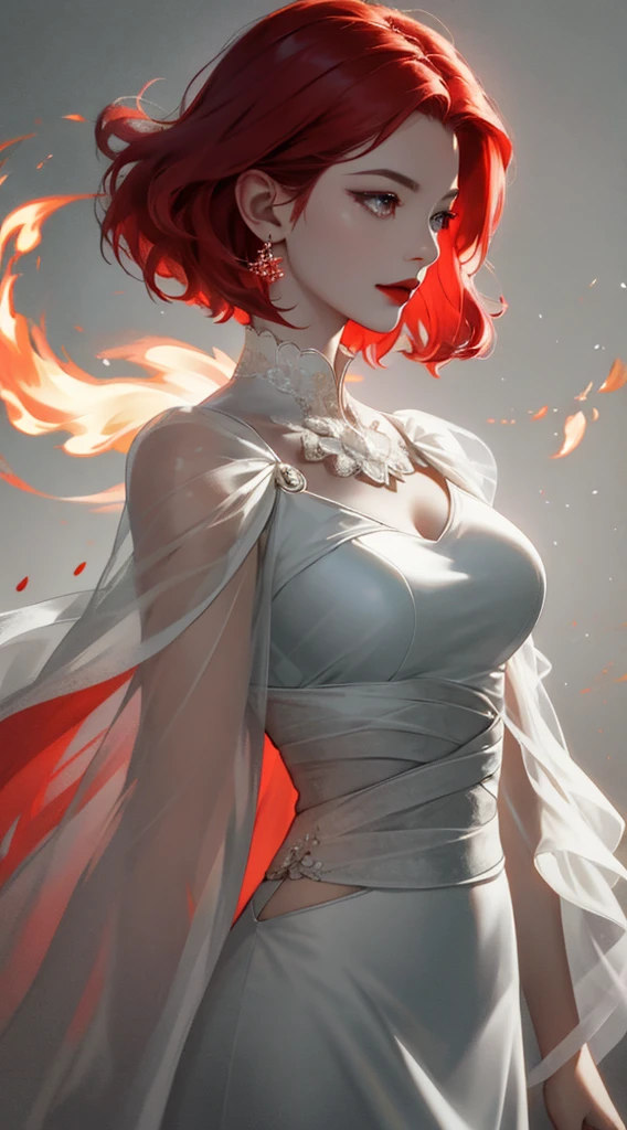 1个Giant Breast Girl,Bright red wavy curlow hair ornament,Redlip,white skinned,Single Eyelids,Delicate facial features,grey dress,火焰,on fire,brightly colored,clear skierightly,high detal,high qulity,Good atmosphere,delicated,cg render,detail render,(Delicate facial portrayal)(Fine hair portrayal)(highest quality)(Master masterpieces)(High degree of completion)(a sense of atmosphere)(half-body portrait)