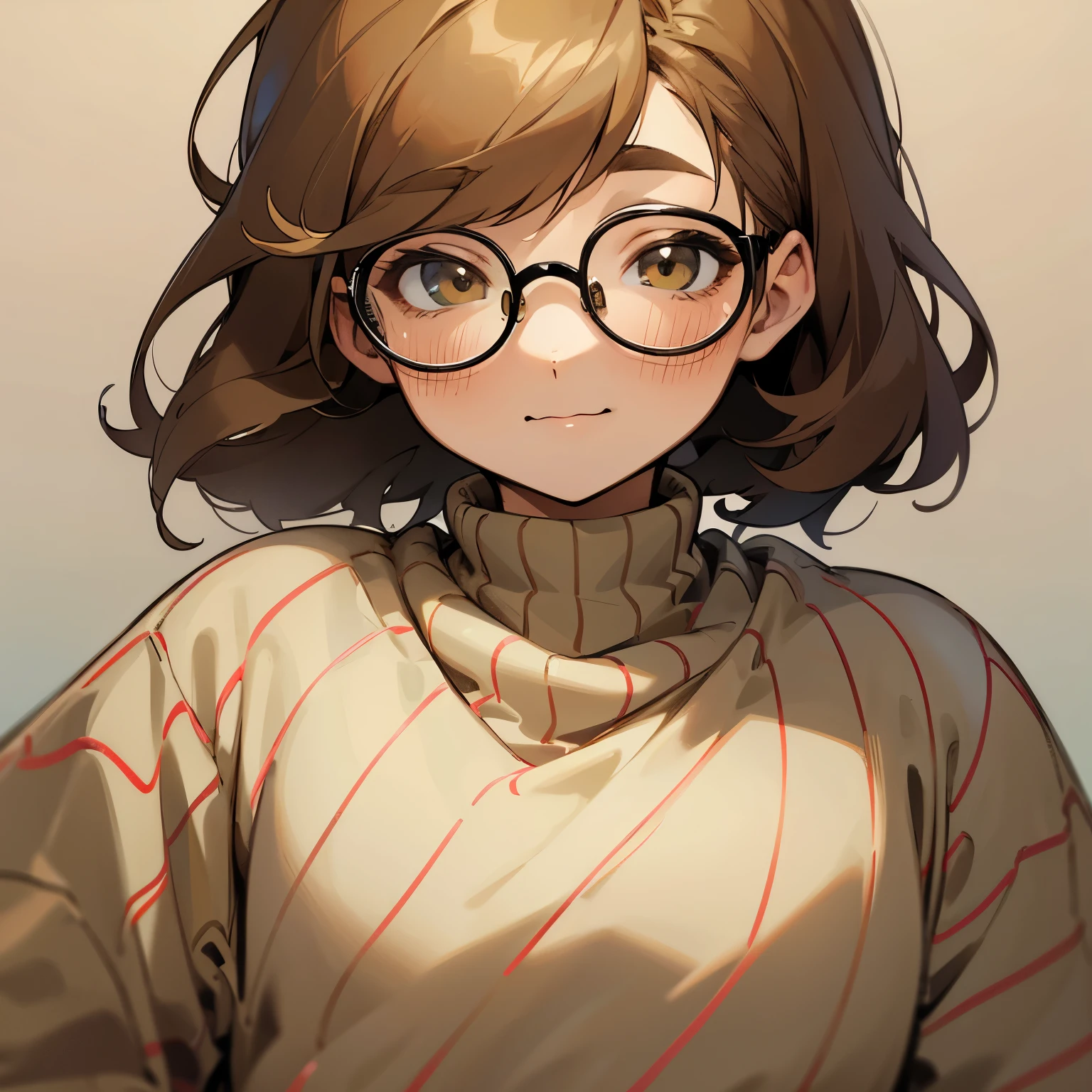 Plump man looking at the camera, androgynous facial features, glasses and an olive-brown striped sweater with a soft smile on his face.