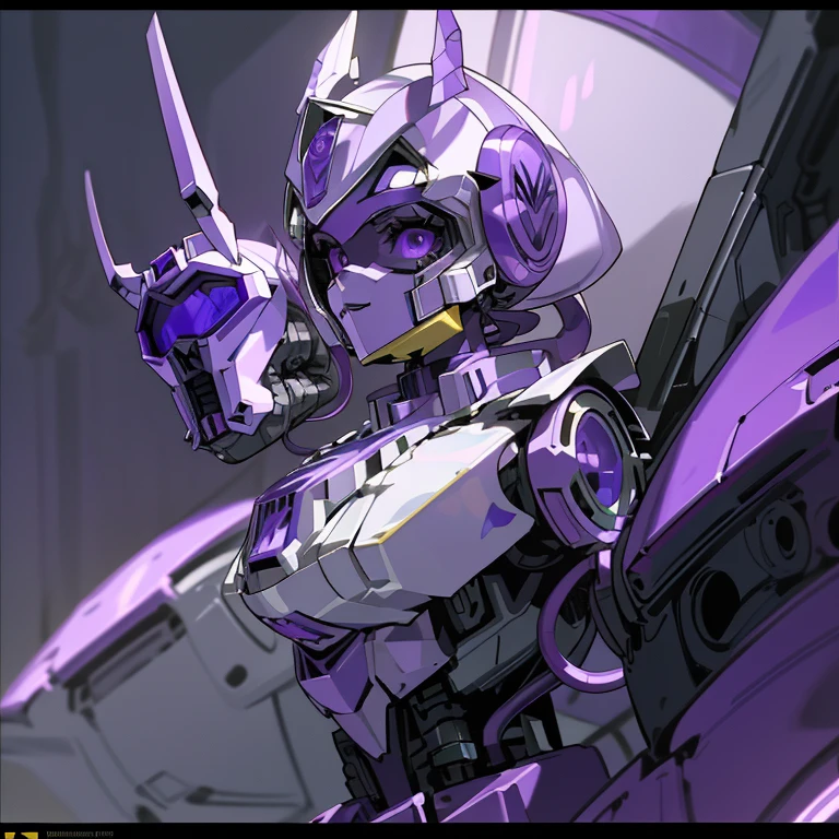 (Super elaborate CG Unity 8K, masterpiece, highest quality): (Dynamic Angle, Solo, 1 beautiful Girl, white and purple cyborg armor in the style of police uniform, (((white helmet with purple face plate))), purple mask, transformers,