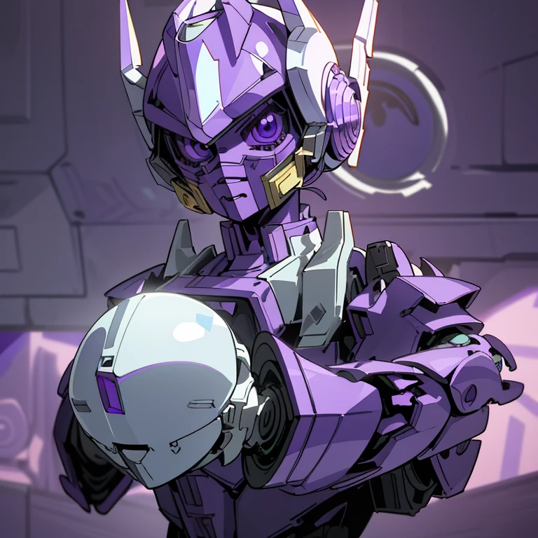 (Super elaborate CG Unity 8K, masterpiece, highest quality): (Dynamic Angle, Solo, 1 beautiful Girl, white and purple cyborg armor in the style of police uniform, (((white helmet with purple face plate))), purple mask, transformers,