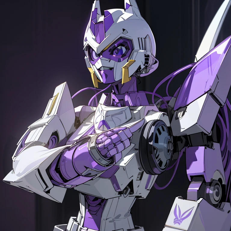 (Super elaborate CG Unity 8K, masterpiece, highest quality): (Dynamic Angle, Solo, 1 beautiful Girl, white and purple cyborg armor in the style of police uniform, (((white helmet with purple face plate))), purple mask, transformers,