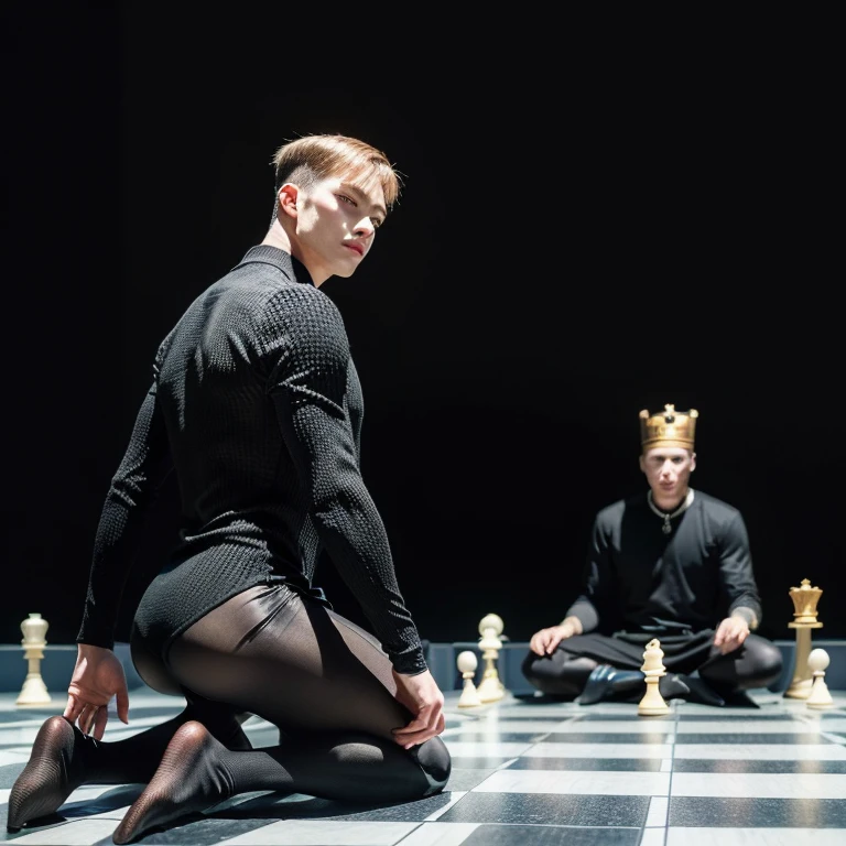 (masterpiece, best quality, dreamlike, hyperrealistic, 2boys, weak androgynous males, ballet tights, male crotch bulge, buttocks, chess ballet, checkmate, white lost, white king surrenders to black pawn:1.35)