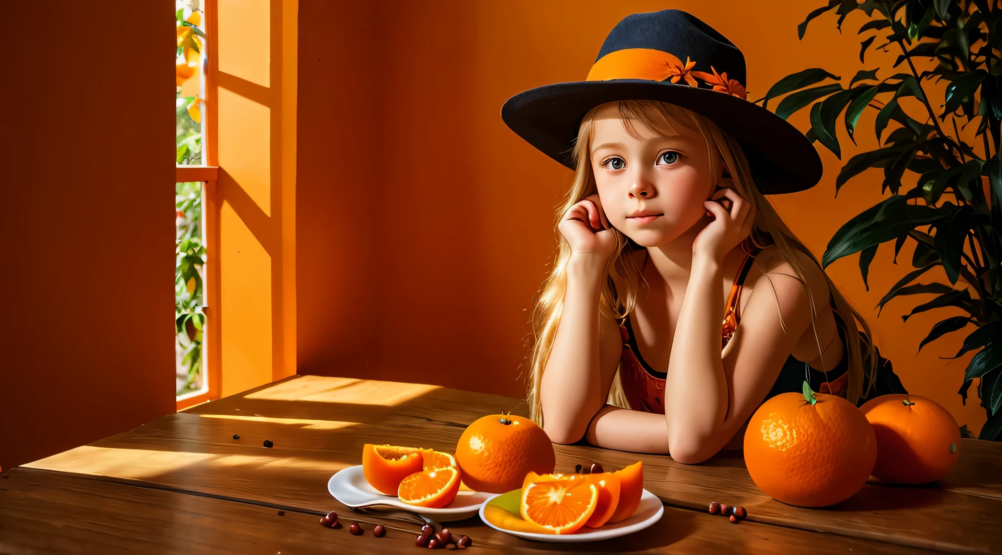 10 year old Russian child girl, close up, PORTRAIT, with long blonde hair, in a cowboy hat, many oranges with leaves on them on a table, oranges, extremely coherent orange, orange skin, orange and orange slices, orange colors, orange color, orange backgorund orange, orange, orange slices, vibrant orange, orange background, an orange, orange colors, very orange, orange theme, orange minerals, in front of an orange background, orange plants