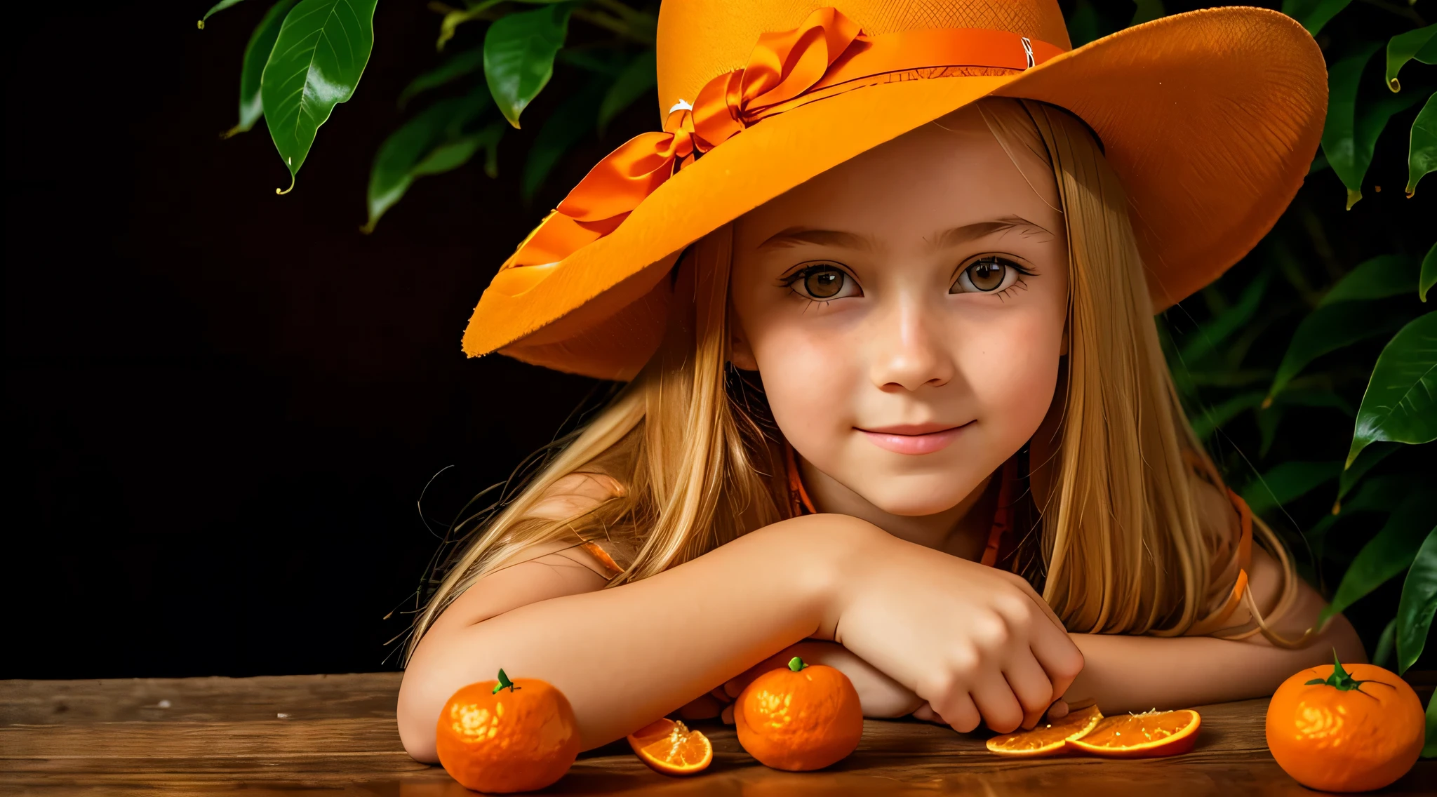 10 year old Russian child girl, close up, PORTRAIT, with long blonde hair, in a cowboy hat, many oranges with leaves on them on a table, oranges, extremely coherent orange, orange skin, orange and orange slices, orange colors, orange color, orange backgorund orange, orange, orange slices, vibrant orange, orange background, an orange, orange colors, very orange, orange theme, orange minerals, in front of an orange background, orange plants