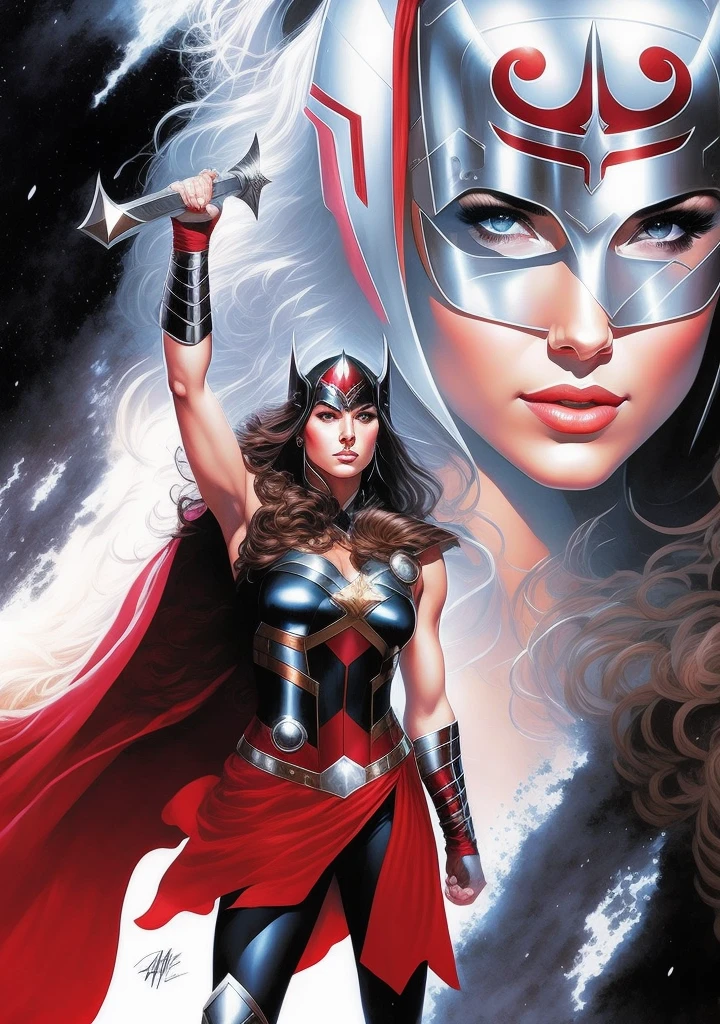 THOR and the woman who is holding a sword in her hand, THOR, Artgerm comic, wanda maximoff, Chris Moore. Artgerm, Retrato de Darna moderno, No estilo da Marvel e DC, medium close - up ( Mcu ), Artgerm Greg rutkowski _ Greg, as seen on Artgerm, Artgerm 4 k