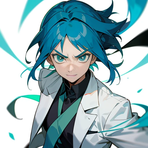 masterpiece, best quality, ((1man)),blue hair,green eyes,serious expression, smiling,waist up,line art,medium hair,white blazer,black t-shirt,expressionless eyes,((Tite Kubo style))