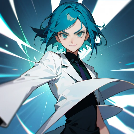 masterpiece, best quality, ((1man)),blue hair,green eyes,serious expression, smiling,waist up,line art,medium hair,white blazer,black t-shirt,expressionless eyes,((Tite Kubo style))